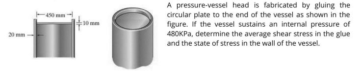 A pressure-vessel head is fabricated by gluing the
circular plate to the end of the vessel as shown in the
figure. If the vessel sustains an internal pressure of
480KPA, determine the average shear stress in the glue
450 mm
10 mm
20 mm
and the state of stress in the wall of the vessel.
