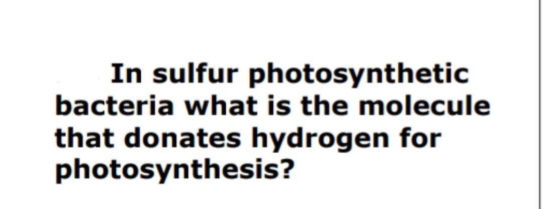 In sulfur photosynthetic
bacteria what is the molecule
that donates hydrogen for
photosynthesis?
