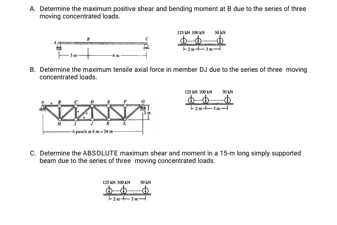 A. Determine the maximum positive shear and bending moment at B due to the series of three
moving concentrated loads.
125 kN 100 kN
50 kN
B
E2 m--3 m
3 m
6 m
B. Determine the maximum tensile axial force in member DJ due to the series of three moving
concentrated loads.
125 kN 100 kN
50 kN
E
F
G
2 m-3 m
H
L
6 panels at 4 m 24 m
C. Determine the ABSOLUTE maximum shear and moment in a 15-m long simply supported
beam due to the series of three moving concentrated loads.
125 kN 100 kN
50 kN
2m+3 m-
