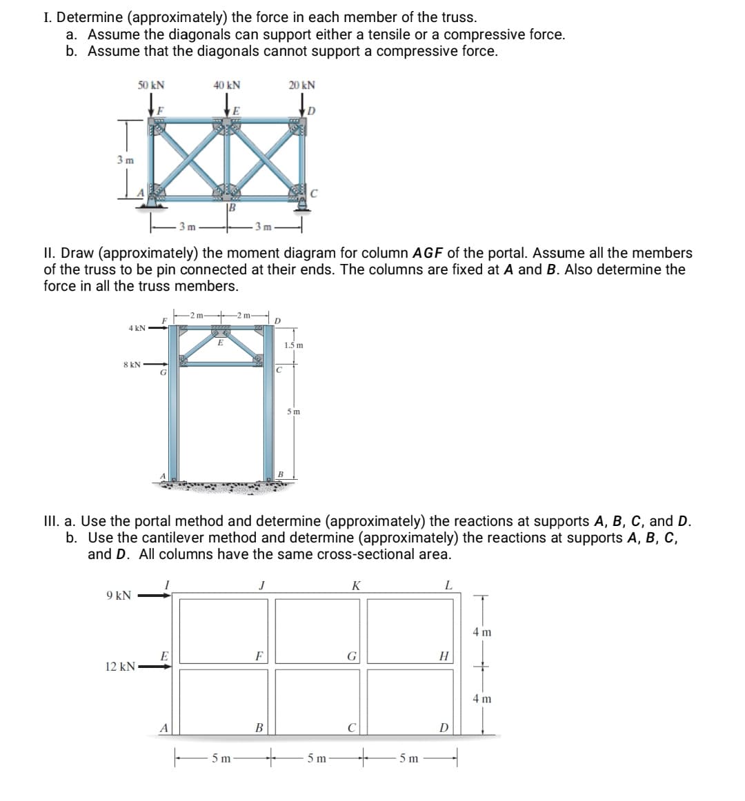 I. Determine (approximately) the force in each member of the truss.
a. Assume the diagonals can support either a tensile or a compressive force.
b. Assume that the diagonals cannot support a compressive force.
50 kN
40 kN
20 kN
3 m
m
3 m
II. Draw (approximately) the moment diagram for column AGF of the portal. Assume all the members
of the truss to be pin connected at their ends. The columns are fixed at A and B. Also determine the
force in all the truss members.
2m -2 m
D.
4 kN
1.5 m
8 kN
G
5m
II. a. Use the portal method and determine (approximately) the reactions at supports A, B, C, and D.
b. Use the cantilever method and determine (approximately) the reactions at supports A, B, C,
and D. All columns have the same cross-sectional area.
J
K
9 kN
4 m
F
12 kN
4 m
В
5 m
5 m
5 m
