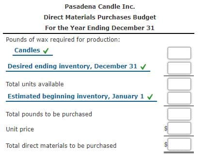 Pasadena Candle Inc.
Direct Materials Purchases Budget
For the Year Ending December 31
Pounds of wax required for production:
Candles v
Desired ending inventory, December 31 v
Total units available
Estimated beginning inventory, January 1
Total pounds to be purchased
Unit price
Total direct materials to be purchased
%24
%24
