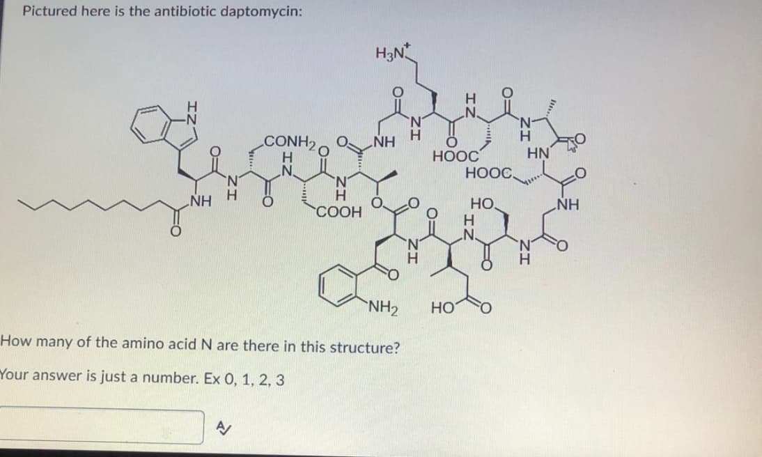 Pictured here is the antibiotic daptomycin:
H3N
H.
CONH2
H.
H.
HN
HOOC.
NH
НООС
NH H
НО.
NH
COOH
NH2
HO
How many of the amino acid N are there in this structure?
Your answer is just a number. Ex 0, 1, 2, 3
