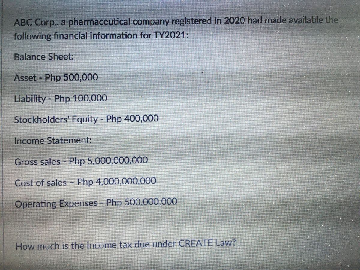 ABC Corp., a pharmaceutical company registered in 2020 had made available the
following financial information for TY2021:
Balance Sheet:
Asset - Php 500,000
Liability - Php 100,000
Stockholders' Equity - Php 400,000
Income Statement:
Gross sales - Php 5,000,000,000
Cost of sales Php 4,000,000,000
Operating Expenses - Php 500,000,000
How much is the income tax due under CREATE Law?
