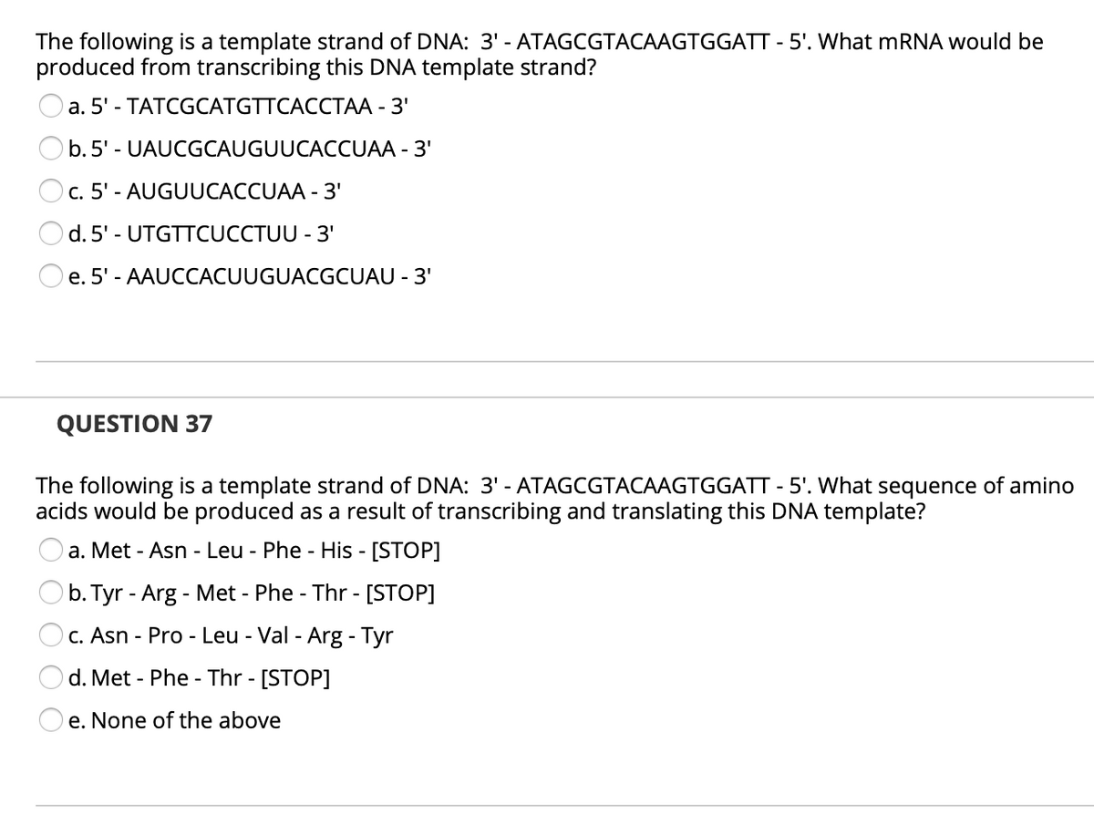 The following is a template strand of DNA: 3' - ATAGCGTACAAGTGGATT - 5'. What mRNA would be
produced from transcribing this DNA template strand?
a. 5' - TATCGCATGTTCACCTAA - 3'
O b.5' - UAUCGCAUGUUCACCUAA - 3'
c. 5' - AUGUUCACCUAA - 3'
d. 5' - UTGTTCUCCTUU - 3'
e. 5' - AAUCCACUUGUACGCUAU - 3'
QUESTION 37
The following is a template strand of DNA: 3' - ATAGCGTACAAGTGGATT - 5'. What sequence of amino
acids would be produced as a result of transcribing and translating this DNA template?
a. Met - Asn - Leu - Phe - His - [STOP]
Ob. Tyr - Arg - Met - Phe - Thr - [STOP]
O C. Asn - Pro - Leu - Val -
Arg - Tyr
d. Met - Phe - Thr - [STOP]
e. None of the above
O O O O
