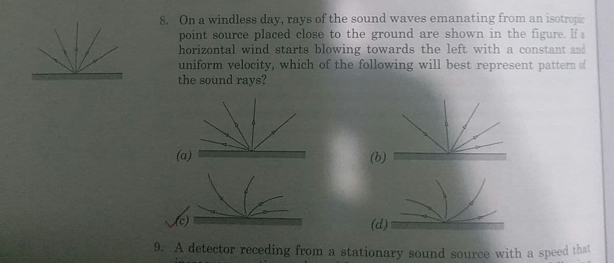 8. On a windless day, rays of the sound waves emanating from an isotropic
point source placed close to the ground are shown in the figure. If a
horizontal wind starts blowing towards the left with a constant and
uniform velocity, which of the following will best represent pattern of
the sound rays?
(a)
(b)
(d)
9. A detector receding from a stationary sound source with a speed that
