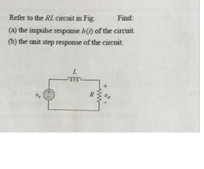 Refer to the RL circuit in Fig.
Find:
(a) the impulse response h(t) of the circuit.
(b) the unit step response of the circuit.
