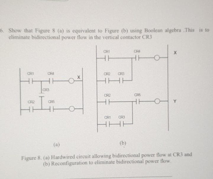 6. Show that Figure 8 (a) is equivalent to Figure (b) using Boolean algebra This is to
climinate bidirectional power flow in the vertical contactor CR3
CRI
CR4
HH
CRI
CRA
CR2
CR3
CR3
GR2
CRS
CR2
CRS
-
Y
CRI
CR3
(a)
(b)
Figure 8. (a) Hardwired circuit allowing bidirectional power flow at CR3 and
(b) Reconfiguration to eliminate bidirectional power flow.
