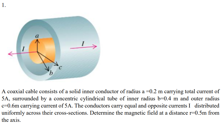 1.
A coaxial cable consists of a solid inner conductor of radius a =0.2 m carrying total current of
5A, surrounded by a concentric cylindrical tube of inner radius b=0.4 m and outer radius
c=0.6m carrying current of 5A. The conductors carry equal and opposite currents I distributed
uniformly across their cross-sections. Determine the magnetic field at a distance r=0.5m from
the axis.
