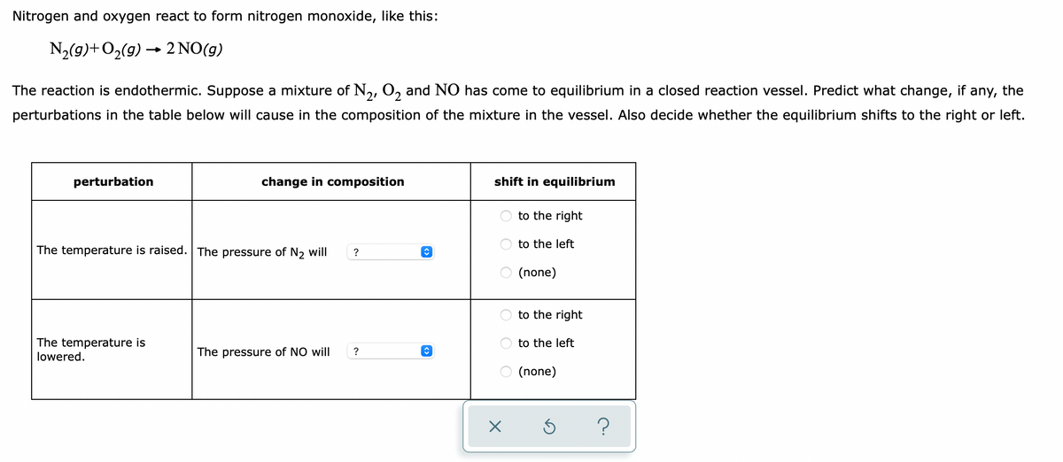 Nitrogen and oxygen react to form nitrogen monoxide, like this:
N,(g)+O2(g) → 2 NO(g)
The reaction is endothermic. Suppose a mixture of N,, O, and NO has come to equilibrium in a closed reaction vessel. Predict what change, if any, the
perturbations in the table below will cause in the composition of the mixture in the vessel. Also decide whether the equilibrium shifts to the right or left.
perturbation
change in composition
shift in equilibrium
to the right
to the left
The temperature is raised. The pressure of N2 will
?
(none)
to the right
The temperature is
lowered.
to the left
The pressure of NO will
?
(none)
O O O
