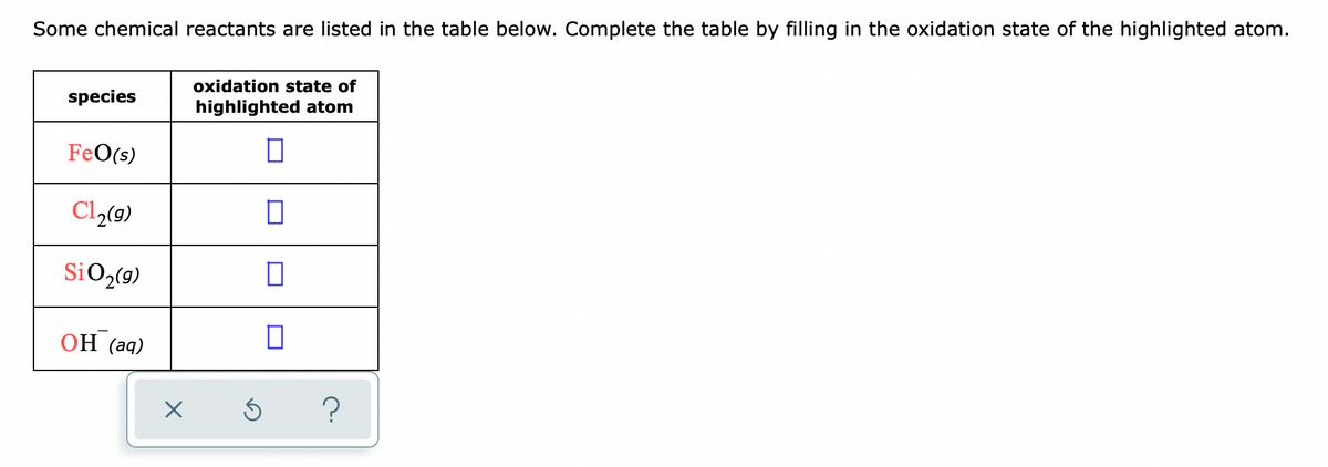 Some chemical reactants are listed in the table below. Complete the table by filling in the oxidation state of the highlighted atom.
oxidation state of
species
highlighted atom
FeO(s)
Cl2(9)
SiO2(9)
ОН (ад)
