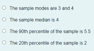 O The sample modes are 3 and 4
O The sample median is 4
O The 90th percentile of the sample is 5.5
O The 20th percentile of the sample is 2
