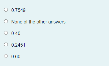 O 0.7549
None of the other answers
O 0.40
O 0.2451
O 0.60
