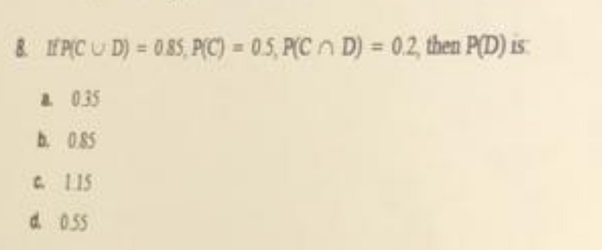 & I PỊC U D) = 085, P(C) = 0.5, P(C n D) = 0.2, then P(D) is.
A 035
b. 085
C. 115
d 055
