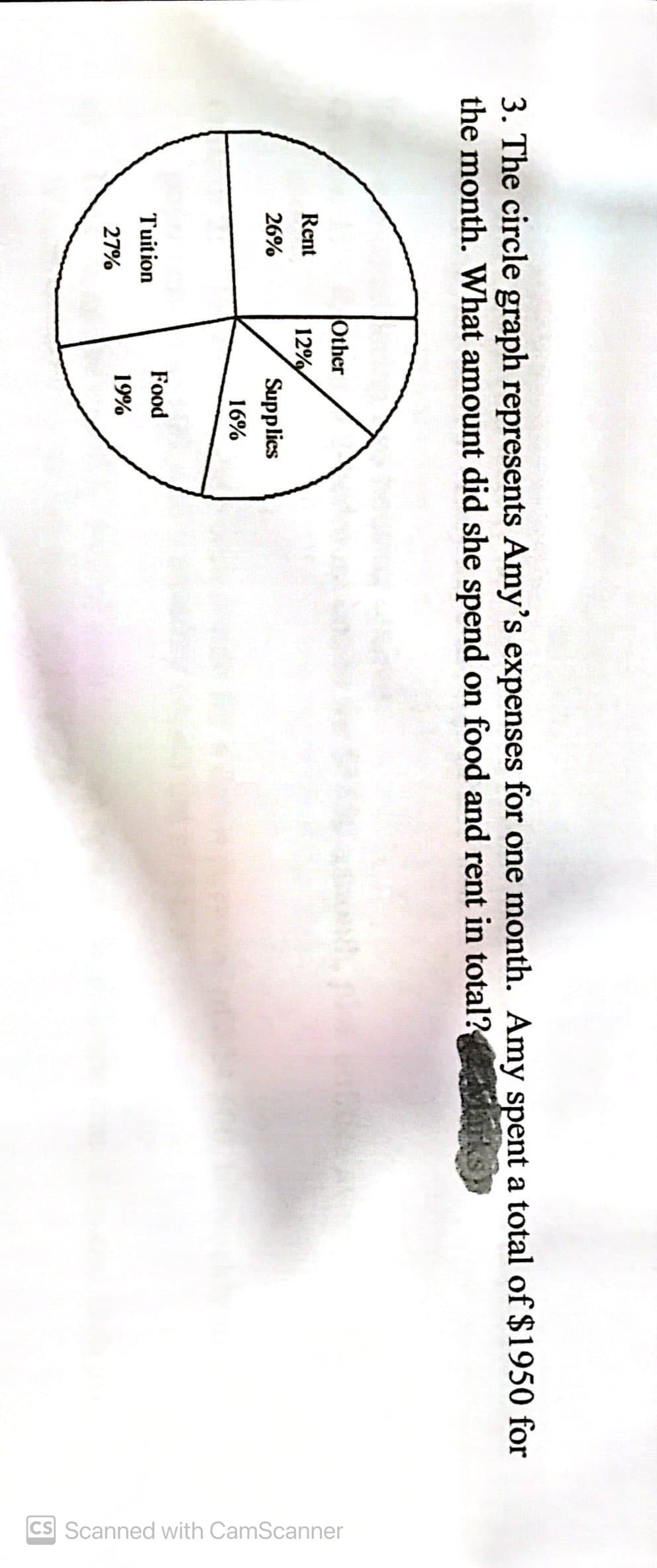 CS Scanned with CamScanner
3. The circle graph represents Amy's expenses for one month. Amy spent a total of $1950 for
the month. What amount did she spend on food and rent in total?
Other
Rent
12%
26%
Supplies
16%
Food
Tuition
19%
27%
