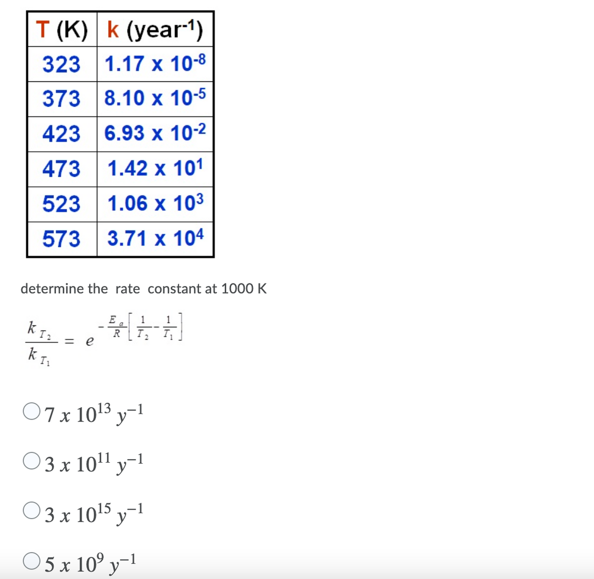 T (K) k (year-1)
323 1.17 x 10-8
373 8.10 x 10-5
423 6.93 x 10-2
473 1.42 x 101
523 1.06 x 103
573 3.71 x 104
determine the rate constant at 1000 K
E
1
1
a
R
I,
%3D
e
K Is
O7x 1013 y-1
03x 101 y-1
O3 x 1015
O 5 x 10° y-1
