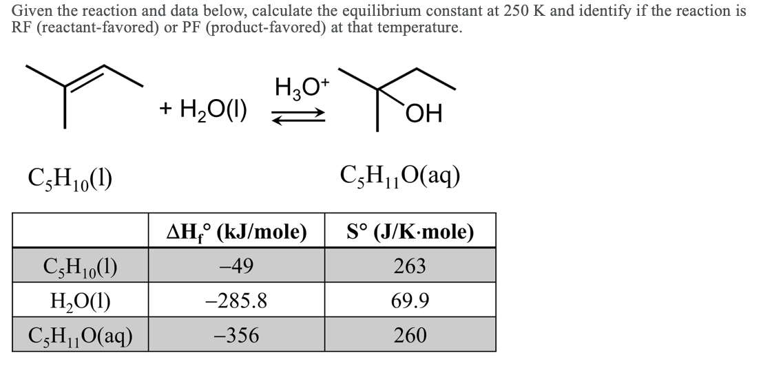 Given the reaction and data below, calculate the equilibrium constant at 250 K and identify if the reaction is
RF (reactant-favored) or PF (product-favored) at that temperature.
H3O+
+ H₂O(l)
OH
C-H₁0(1)
C5H₁₁O(aq)
11
AH, (kJ/mole)
S° (J/K mole)
CşHo(1)
-49
263
H₂O(1)
-285.8
69.9
C₂H₁₁O(aq)
-356
260