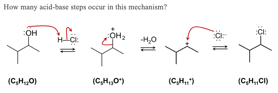 How many acid-base steps occur in this mechanism?
:OH
fö
OH ₂
H CI:
-H₂O
(C5H12O)
(CsH3O*)
:CI:
:CI:-
yox
(C5H1*)
(C5H₁1CI)