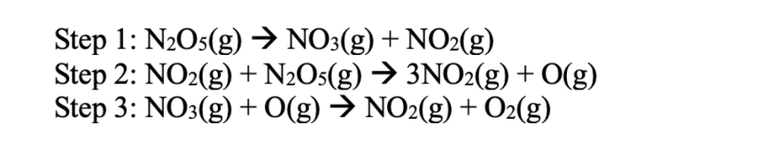 Step 1: N2O5(g) → NO:(g) + NO2(g)
Step 2: NO2(g) + N2O5(g) → 3NO2(g) + O(g)
Step 3: NO3(g) + O(g) → NO2(g) + O2(g)
