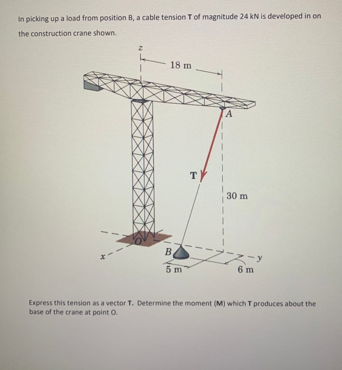 In picking up a load from position B, a cable tension T of magnitude 24 kN is developed in on
the construction crane shown.
18 m
TY
30 m
-y
5 m
6 m
Express this tension as a vector T. Determine the moment (M) which T produces about the
base of the crane at point O.
21
