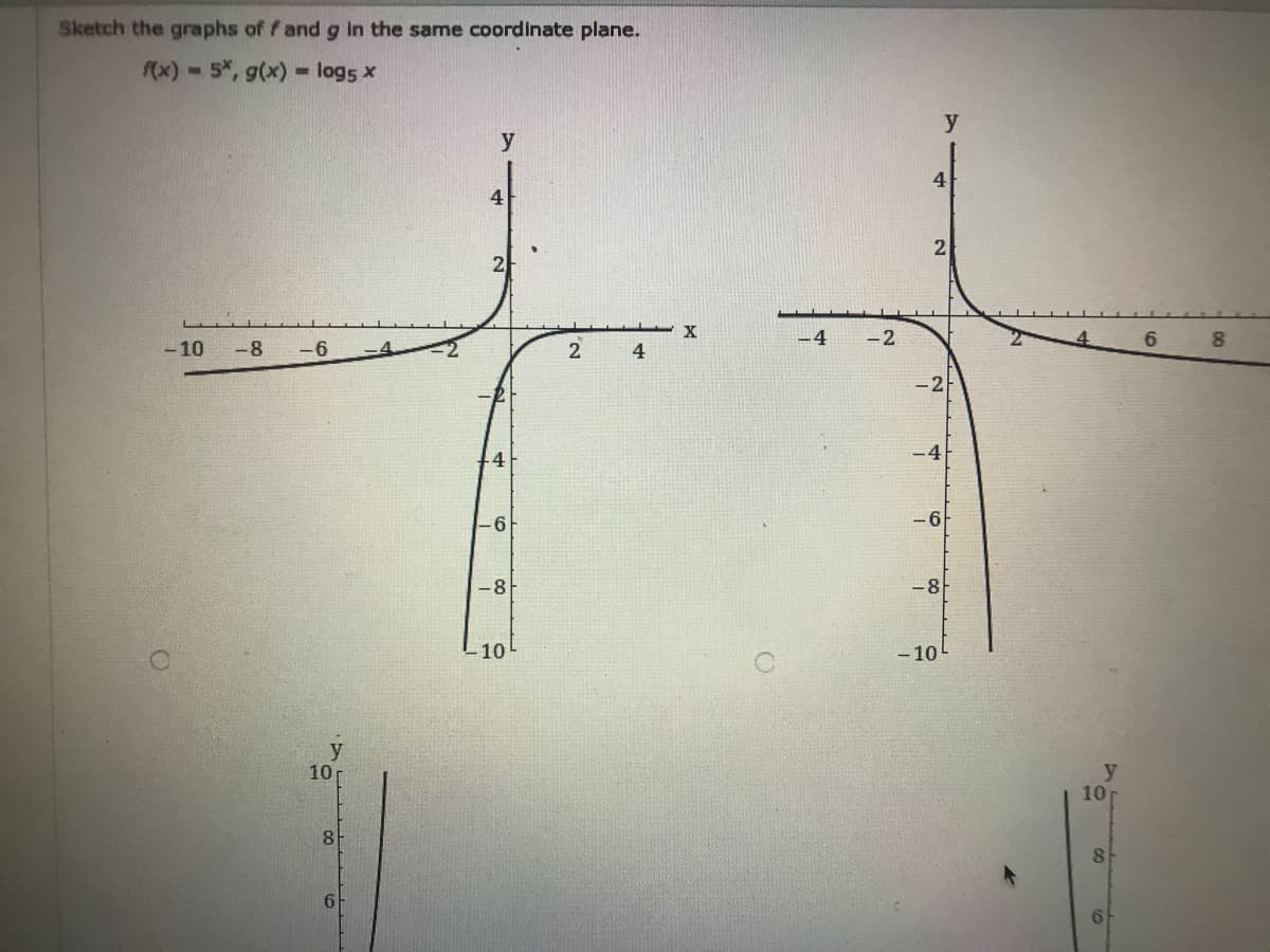 Sketch the graphs of f and g in the same coordinate plane.
x) - 5*, g(x) logs x
y
y
4
4
2
2
-4
8.
-10
-8
-6
2
4
+4
-4
-6
-6
-8
-8
10
- 10
10
10
8
6
