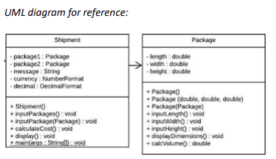 UML diagram for reference:
Shipment
-package1: Package
-package2: Package
-message: String
- currency: NumberFormat
-decimal: DecimalFormat
+Shipment()
+ inputPackages(): void
+ inputPackage(Package): void
+ calculateCost(): void
+ display(): void
+ main(args: String[]); void
-length: double
-width: double
-height: double
Package
+ Package()
.
Package (double, double, double)
+ Package(Package)
+inputLength(): void
+inputWidth(): void
+inputHeight(): void
+ display Dimensions(): void
+ calcVolume(): double
