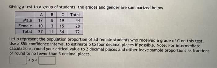 Giving a test to a group of students, the grades and gender are summarized below
A
B
C
Total
Male
17
8
19
44
Female
10
3
15
28
Total 27
11
34
72
Let p represent the population proportion of all female students who received a grade of C on this test.
Use a 85% confidence interval to estimate p to four decimal places if possible. Note: For intermediate
calculations, round your critical value to 2 decimal places and either leave sample proportions as fractions
or round to no fewer than 3 decimal places.
<p<
