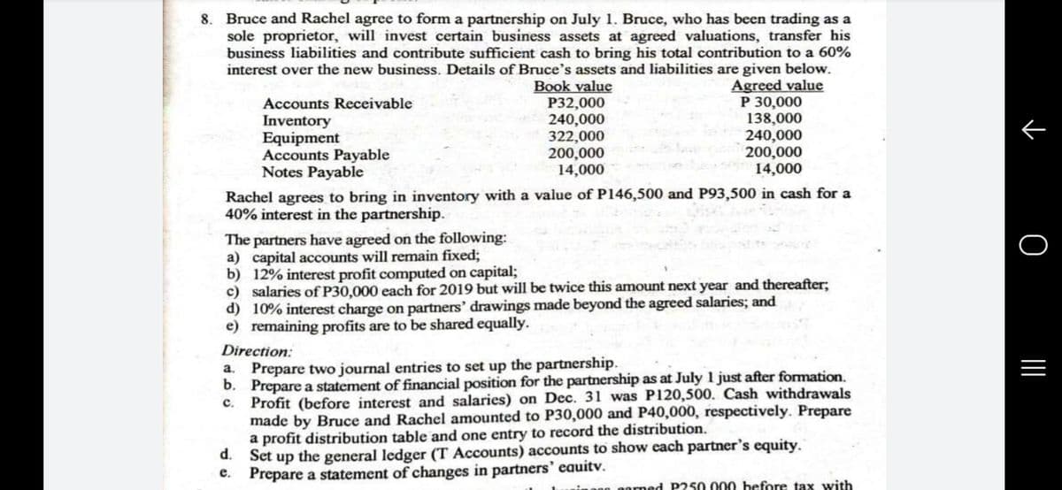 Bruce and Rachel agree to form a partnership on July 1. Bruce, who has been trading as a
sole proprietor, will invest certain business assets at agreed valuations, transfer his
business liabilities and contribute sufficient cash to bring his total contribution to a 60%
interest over the new business. Details of Bruce's assets and liabilities are given below.
Agreed value
P 30,000
138,000
240,000
200,000
14,000
8.
Book value
P32,000
240,000
322,000
200,000
14,000
Accounts Receivable
Inventory
Equipment
Accounts Payable
Notes Payable
Rachel agrees to bring in inventory with a value of P146,500 and P93,500 in cash for a
40% interest in the partnership.
The partners have agreed on the following:
a) capital accounts will remain fixed;
b) 12% interest profit computed on capital;
c) salaries of P30,000 each for 2019 but will be twice this amount next year and thereafter;
d) 10% interest charge on partners' drawings made beyond the agreed salaries; and
e) remaining profits are to be shared equally.
Direction:
Prepare two journal entries to set up the partnership.
b. Prepare a statement of financial position for the partnership as at July 1 just after formation.
c. Profit (before interest and salaries) on Dec. 31 was P120,500. Cash withdrawals
made by Bruce and Rachel amounted to P30,000 and P40,000, respectively. Prepare
a.
a profit distribution table and one entry to record the distribution.
d.
Set up the general ledger (T Accounts) accounts to show each partner's equity.
e. Prepare a statement of changes in partners' equitv.
ang aorned P250 000 before tax with
