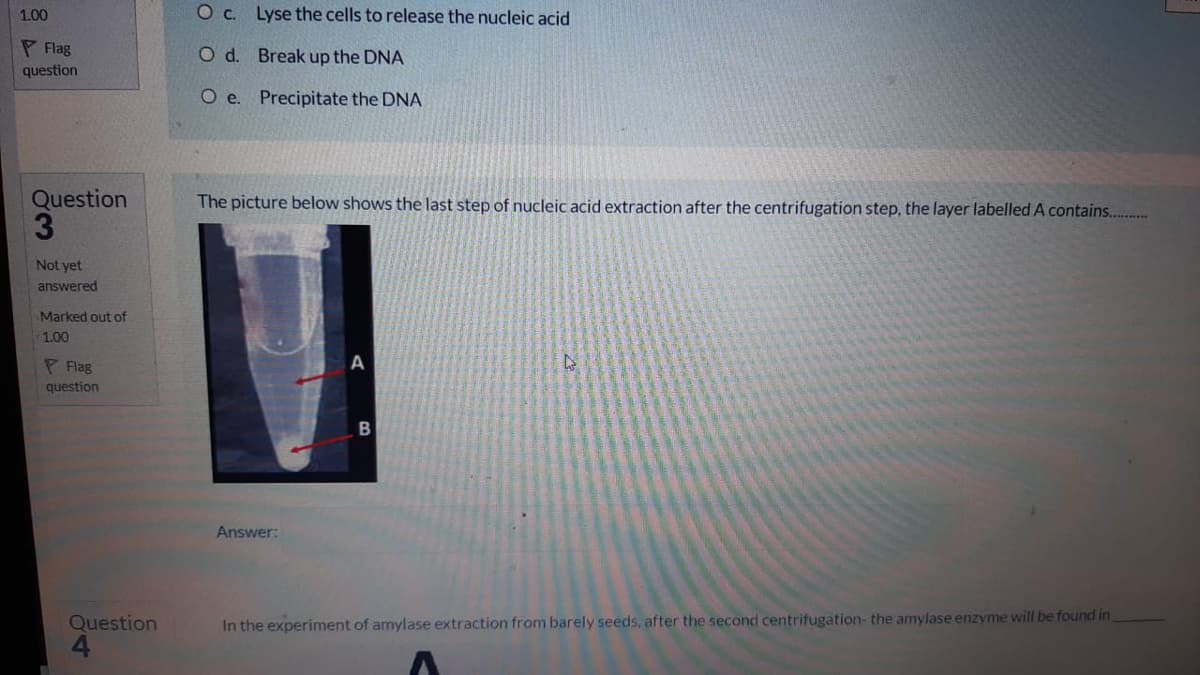 1.00
Oc. Lyse the cells to release the nucleic acid
P Flag
O d. Break up the DNA
question
O e. Precipitate the DNA
Question
3.
The picture below shows the last step of nucleic acid extraction after the centrifugation step, the layer labelled A contains..
Not yet
answered
Marked out of
1.00
P Flag
question
Answer:
Question
In the experiment of amylase extraction from barely seeds, after the second centrifugation- the amylase enzyme will be found in
