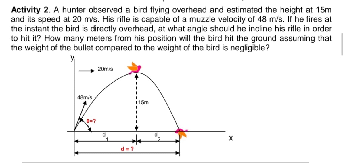 Activity 2. A hunter observed a bird flying overhead and estimated the height at 15m
and its speed at 20 m/s. His rifle is capable of a muzzle velocity of 48 m/s. If he fires at
the instant the bird is directly overhead, at what angle should he incline his rifle in order
to hit it? How many meters from his position will the bird hit the ground assuming that
the weight of the bullet compared to the weight of the bird is negligible?
20m/s
48m/s
15m
0=?
d
X
d = ?
