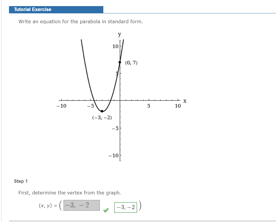 Tutorial Exercise
Write an equation for the parabola in standard form.
y
10
(0, 7)
- 10
-5
10
(-3, –2)
-5
- 10f
Step 1
First, determine the vertex from the graph.
(х, у) %3D
-3, – 2
-3, -2
