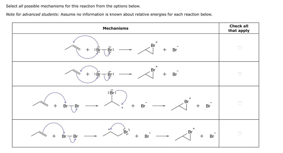 Select all possible mechanisms for this reaction from the options below.
Note for advanced students: Assume no information is known about relative energies for each reaction below.
+ Br- Br
+
Para
+ Br Br
: Br
Mechanisms
+ : Br Br:
+V
Br
Br
: Br:
DR...
+ Br
+ Br
Br
+
+ Br
+ Br
Br
+
Br
+
+ Br
+ Br
Check all
that apply
0