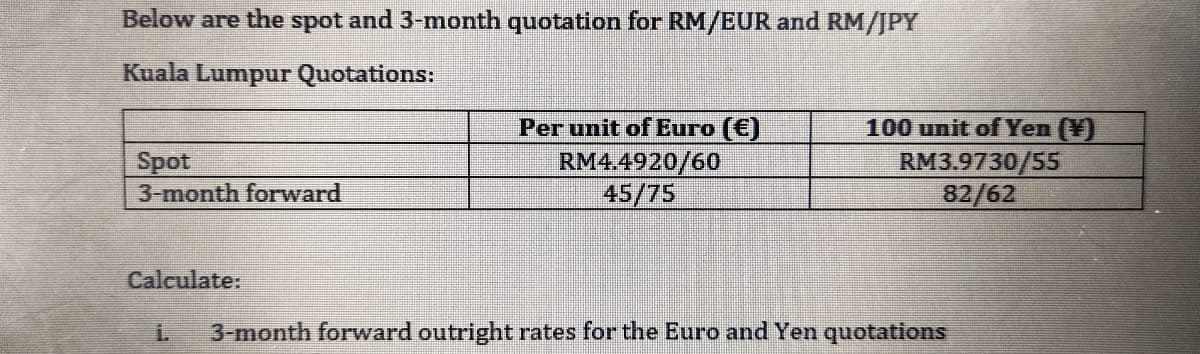 Below are the spot and 3-month quotation for RM/EUR and RM/JPY
Kuala Lumpur Quotations:
100 unit of Yen (¥)
RM3.9730/55
82/62
Per unit of Euro (€)
Spot
3-month forward
RM4.4920/60
45/75
Calculate:
i.
3-month forward outright rates for the Euro and Yen quotations
