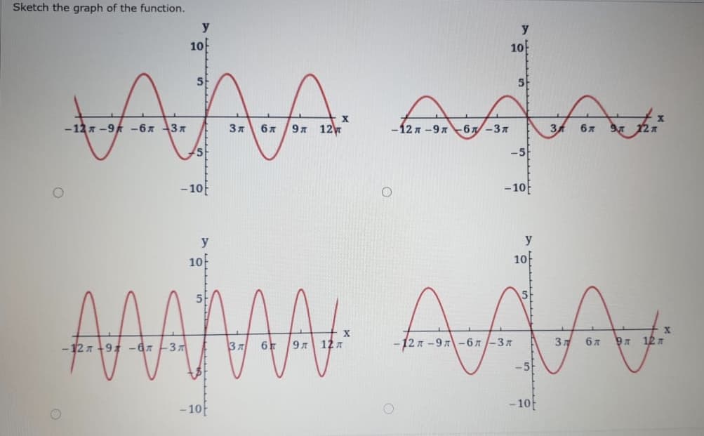 Sketch the graph of the function.
y
y
10
10
-12 7 -9 -6x 3x
9л 12
-12 n -9x 6 -37
3
-10f
-10
y
y
10
10
AAA
-12л
9л 12 л
-12 л -9 л-бл/-3я
3
12 л
-10
- 10
