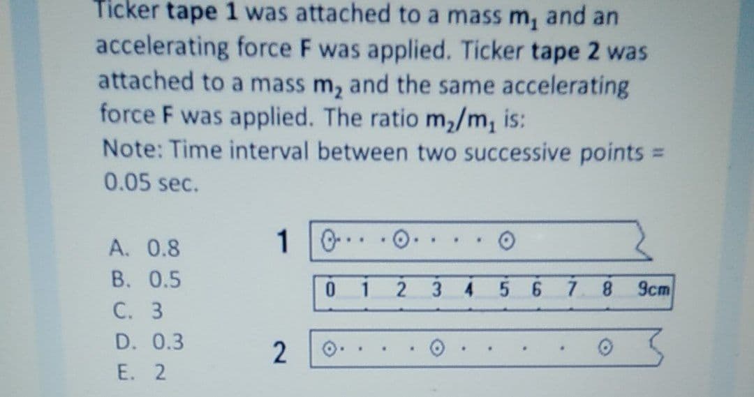 Ticker tape 1 was attached to a mass m, and an
accelerating force F was applied. Ticker tape 2 was
attached to a mass m, and the same accelerating
force F was applied. The ratio m,/m, is:
Note: Time interval between two successive points =
%3D
0.05 sec.
A. 0.8
1
B. 0.5
0.
1
2 3 4
5 6 7
8.
9cm
С. 3
D. 0.3
2
E. 2
