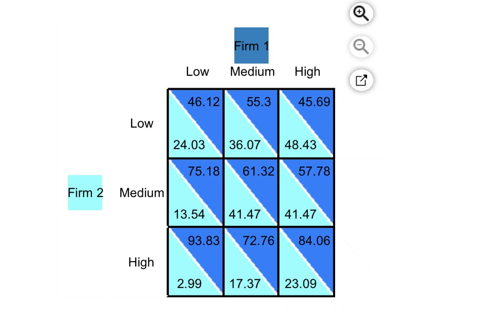 Firm 1
Low
Medium
High
46.12
55.3
45.69
Low
24.03
36.07
48.43
75.18
61.32
57.78
Firm 2
Medium
13.54
41.47
41.47
93.83
72.76
84.06
High
2.99
17.37
23.09
