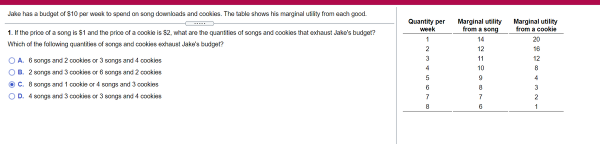 Jake has a budget of $10 per week to spend on song downloads and cookies. The table shows his marginal utility from each good.
Quantity per
week
Marginal utility
from a song
Marginal utility
from a cookie
1. If the price of a song is $1 and the price of a cookie is $2, what are the quantities of songs and cookies that exhaust Jake's budget?
1
14
20
Which of the following quantities of songs and cookies exhaust Jake's budget?
12
16
O A. 6 songs and 2 cookies or 3 songs and 4 cookies
11
12
4
10
O B. 2 songs and 3 cookies or 6 songs and 2 cookies
9.
4
C. 8 songs and 1 cookie or 4 songs and 3 cookies
3
O D. 4 songs and 3 cookies or 3 songs and 4 cookies
7
7
2
8
1
O O
