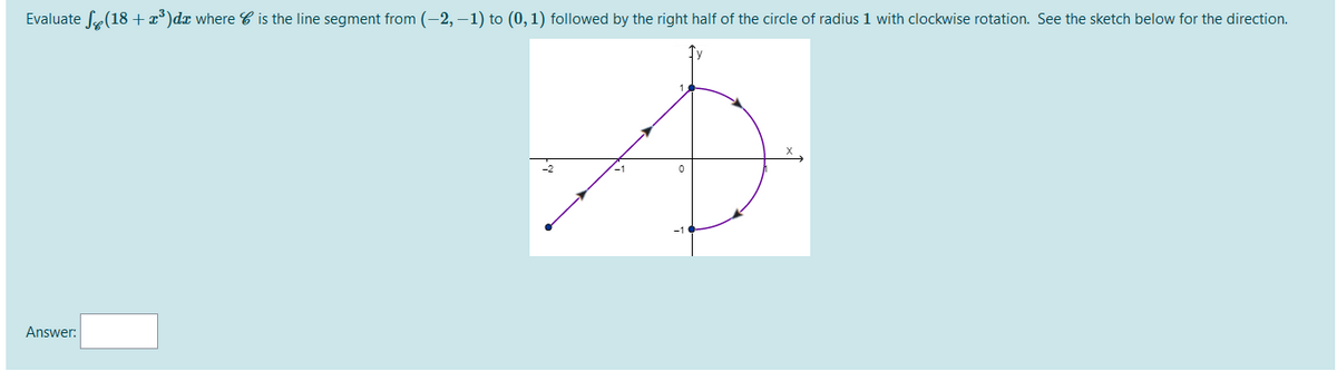 Evaluate fe(18+x³)dx where C is the line segment from (-2, –1) to (0,1) followed by the right half of the circle of radius 1 with clockwise rotation. See the sketch below for the direction.
Answer:
