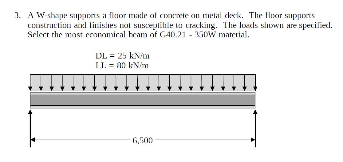 3. A W-shape supports a floor made of concrete on metal deck. The floor supports
construction and finishes not susceptible to cracking. The loads shown are specified.
Select the most economical beam of G40.21 - 350W material.
DL = 25 kN/m
LL = 80 kN/m
6,500
