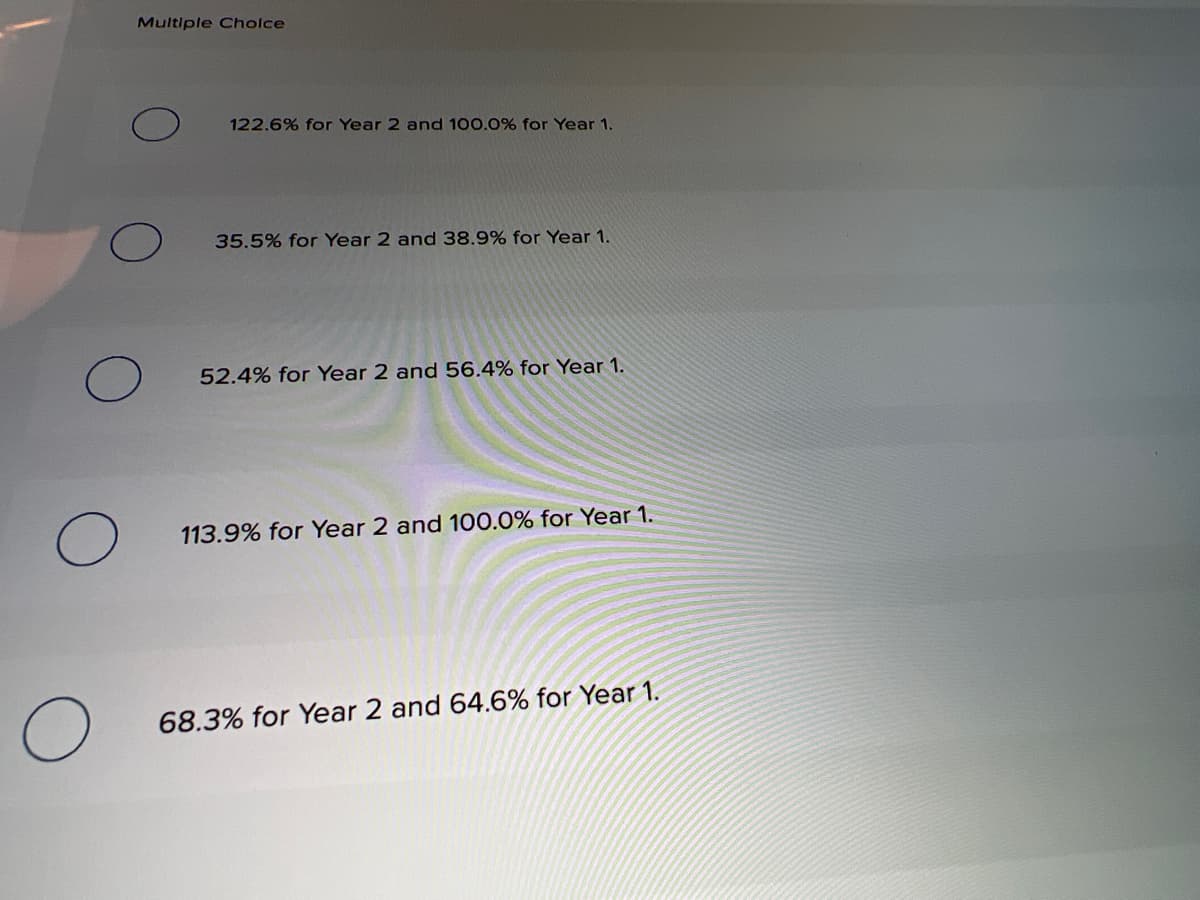 Multiple Cholce
122.6% for Year 2 and 100.0% for Year 1.
35.5% for Year 2 and 38.9% for Year 1.
52.4% for Year 2 and 56.4% for Year 1.
113.9% for Year 2 and 100.0% for Year 1.
68.3% for Year 2 and 64.6% for Year 1.
