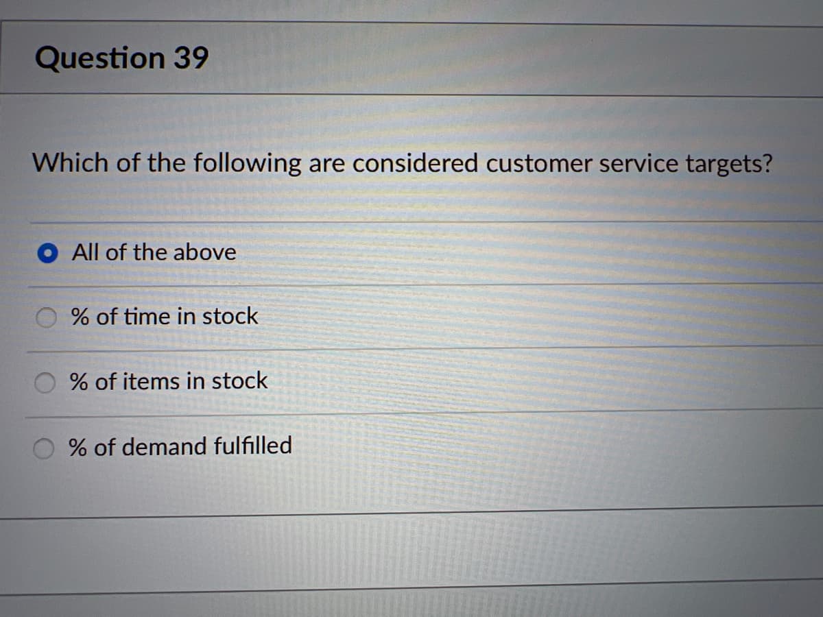Question 39
Which of the following are considered customer service targets?
All of the above
% of time in stock
% of items in stock
% of demand fulfilled