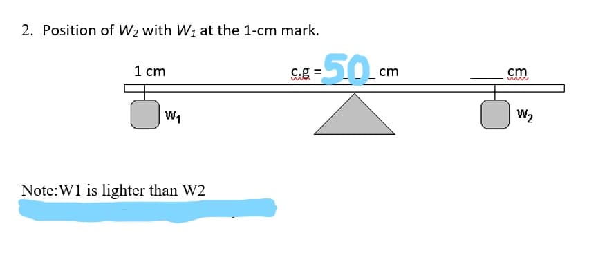 2. Position of W2 with W1 at the 1-cm mark.
-50 cm
1 cm
C.g =
cm
W,
Note:W1 is lighter than W2
