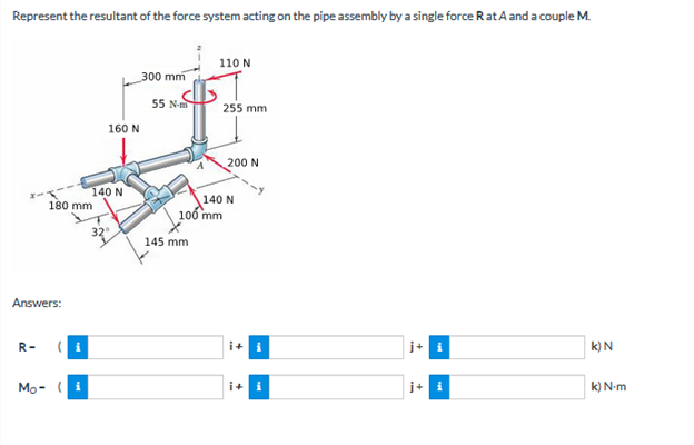 Represent the resultant of the force system acting on the pipe assembly by a single force Rat A and a couple M.
110 N
300 mm
55 N-m
255 mm
160 N
200 N
140 N
140 N
106 mm
180 mm
32
145 mm
Answers:
R-
j+ i
k) N
Mo- (i
i+ i
j+
k) N-m
