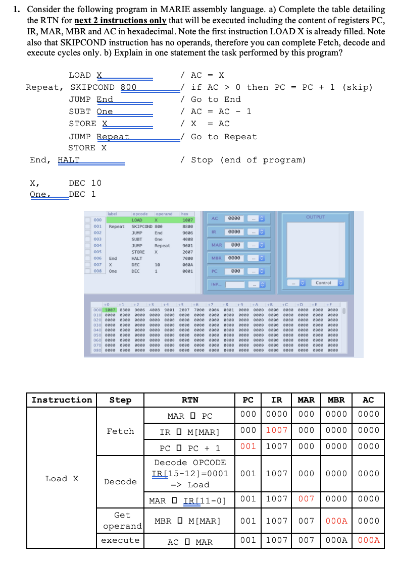 1. Consider the following program in MARIE assembly language. a) Complete the table detailing
the RTN for next 2 instructions only that will be executed including the content of registers PC,
IR, MAR, MBR and AC in hexadecimal. Note the first instruction LOAD X is already filled. Note
also that SKIPCOND instruction has no operands, therefore you can complete Fetch, decode and
execute cycles only. b) Explain in one statement the task performed by this program?
LOAD X
/ AC = X
if AC > 0 then PC = PC + 1 (skip)
/ Go to End
Repeat, SKIPCOND 800
JUMP End
SUBT One
/ AC = AC - 1
STORE X
= AC
JUMP Repeat
Go to Repeat
STORE X
End, HALT
/ Stop (end of program)
х,
DEC 10
One,
DEC 1
label
opcode
LOAD
operand
hex
0000
OUTPUT
AC
000
1007
001
Repeat
SKIPCOND 80e
880e
002
2
JUMP
End
9a06
IR
0000
003
SUBT
One
4008
O 004
JUMP
Repeat
9001
MAR
000
005
STORE
2007
O 006
End
HALT
7000
MBR 0000
007
DEC
10
O 008
Оne
DEC
0001
PC
000
INP
Control
+0 +1 +2 +3
000 1007 BBee 9006 4008 9881 2007 7000 a00A 88a1 eeee eee e000 eeea eeee eeee e000
010 eeea eeee o00e a000 eeaa eeee e00 aa00 8aaa peee oee ea00 eeea eeee oe0e eeee
+4
+5 -6
+7
+8 +9
+A
+C
+D
+E
+F
020 eeee eeee eeee a000 eeaa eeee e000
a000 eaaa eeee ee00
e000 eeaa eeee eeee eeee
030 eeee eeee o00e e000 eeaa
eeee 0000 a000 88a eeee o000 e000 eee0 eeee 00 0000
eeaa eeee eeee aeee
ee00 eeee eeee ae00
0000 e000 eaaa eeee eeee ee00 eeea eeee 00ee e00e
040 e0ee eeee eeee ae0e eeaa
eeee e00e aa0e eaaa eeee eeee ee00
050 eeee eeee oeee a000 eeaa
eeee 0000 a000 8888 eeee oeee 0000
060 eeee eeee eeee eee eeee eeee
070 eeee eeee eeee a000 eeea eeee e00e e000 eaaa eeee ee00 e000 eee0 eeee e0ee e0ee
080 ee0e eeee 000e 0000 eeaa eeee e00e ag00 e8aa eeee ee00 e000 ee00 eeee o000 0000
Instruction
Step
RTN
PC
IR
MAR
MBR
AC
MAR O PC
000 | 0000
000
0000
0000
Fetch
IR O M[MAR]
000 1007
000
0000
0000
РС О РC + 1
001 | 1007
000
0000
0000
Decode OPCODE
IR[15-12]=0001
001 | 1007
000
0000
0000
Load X
Decode
=> Load
MAR O IRL11-0]
001 | 1007
007
0000
0000
Get
MBR O M[MAR]
001
1007
007
000A
0000
operand
execute
АС О МAR
001
1007
007
000A
000A

