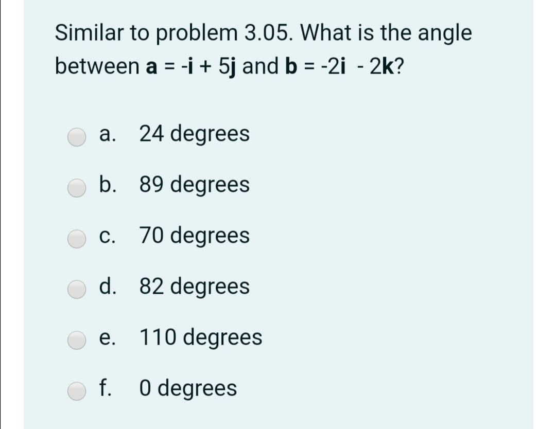 Similar to problem 3.05. What is the angle
between a = -i + 5j and b = -2i - 2k?
%3D
a. 24 degrees
b. 89 degrees
c. 70 degrees
С.
d. 82 degrees
e. 110 degrees
е.
f. O degrees
