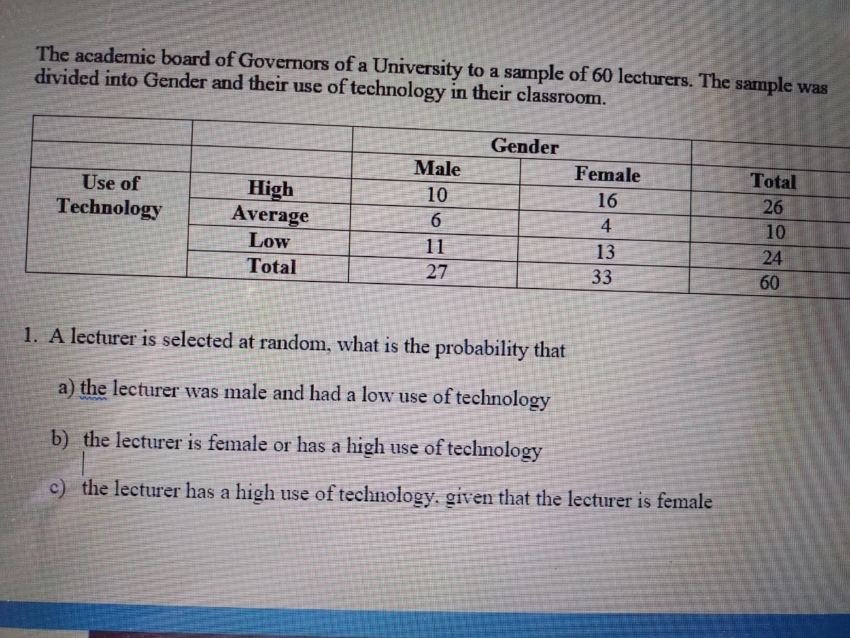 The academic board of Governors of a University to a sample of 60 lecturers. The sample was
divided into Gender and their use of technology in their classroom.
Gender
Male
Female
Total
Use of
Technology
High
Average
10
16
26
9.
4
10
Low
11
13
24
Total
27
33
60
1. A lecturer is selected at random, what is the probability that
a) the lecturer was male and had a low use of technology
b) the lecturer is female or has a high use of technology
c) the lecturer has a high use of technology, given that the lecturer is female
