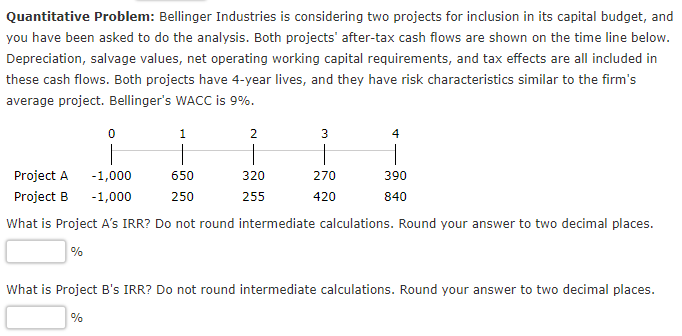 Quantitative Problem: Bellinger Industries is considering two projects for inclusion in its capital budget, and
you have been asked to do the analysis. Both projects' after-tax cash flows are shown on the time line below.
Depreciation, salvage values, net operating working capital requirements, and tax effects are all included in
these cash flows. Both projects have 4-year lives, and they have risk characteristics similar to the firm's
average project. Bellinger's WACC is 9%.
1
2
4
Project A
-1,000
650
320
270
390
Project B
-1,000
250
255
420
840
What is Project A's IRR? Do not round intermediate calculations. Round your answer to two decimal places.
%
What is Project B's IRR? Do not round intermediate calculations. Round your answer to two decimal places.
%
