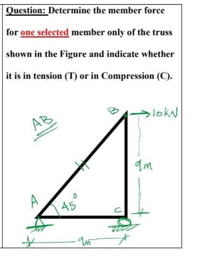 Question: Determine the member force
for one selected member only of the truss
shown in the Figure and indicate whether
it is in tension (T) or in Compression (C).
slokN
AB
qm
A5
