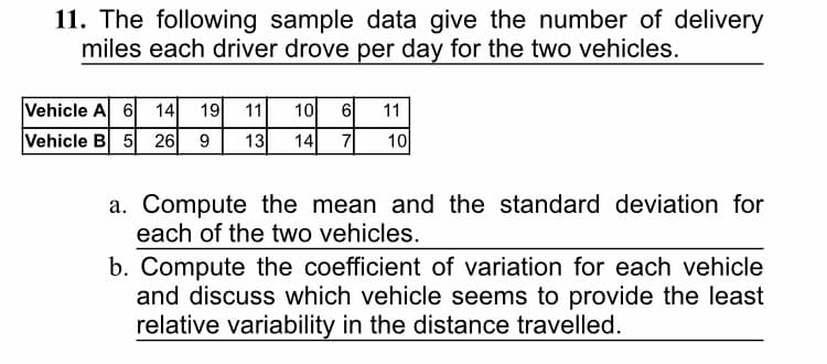 11. The following sample data give the number of delivery
miles each driver drove per day for the two vehicles.
Vehicle A 6 14
19
11
10
11
Vehicle B 5 26 9
13
14
10
a. Compute the mean and the standard deviation for
each of the two vehicles.
b. Compute the coefficient of variation for each vehicle
and discuss which vehicle seems to provide the least
relative variability in the distance travelled.
