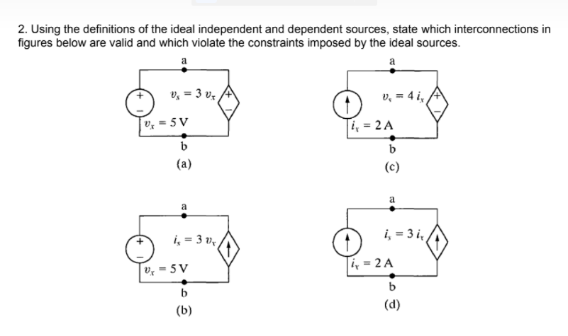 2. Using the definitions of the ideal independent and dependent sources, state which interconnections in
figures below are valid and which violate the constraints imposed by the ideal sources.
a
a
v, = 3 vz
v, = 4 i,
Vx = 5 V
, = 2 A
b
(a)
(c)
a
a
i, = 3 v,
i, = 3 i
T, = 2 A
Vx = 5 V
b
(d)
(b)
