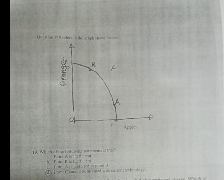 19. Which of the following statements is truc?
a Point A is inefficient.
b. Point B is inefficient
C. Point A is preferred to point B
d Point C cannot be attained with current technology.
